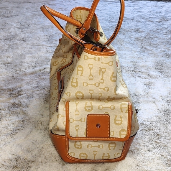 Etienne Aigner Brown and Cream Logo Canvas and Faux Leather Large Tote Bag - Picture 3 of 15
